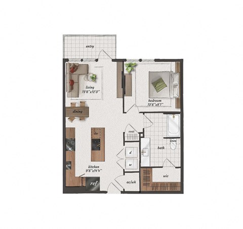 Floor plan for 1 bed, 1 bath, 810 sqft